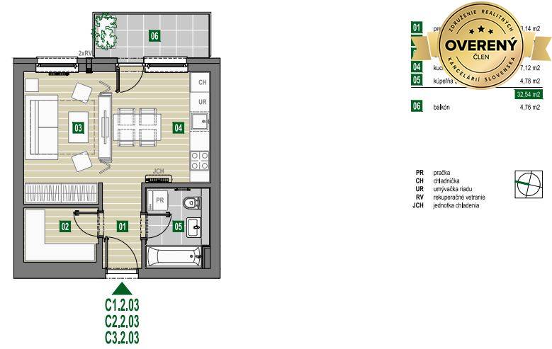 jednoizbový byt - pôdorys - Zelené Nivy bytový dom C 