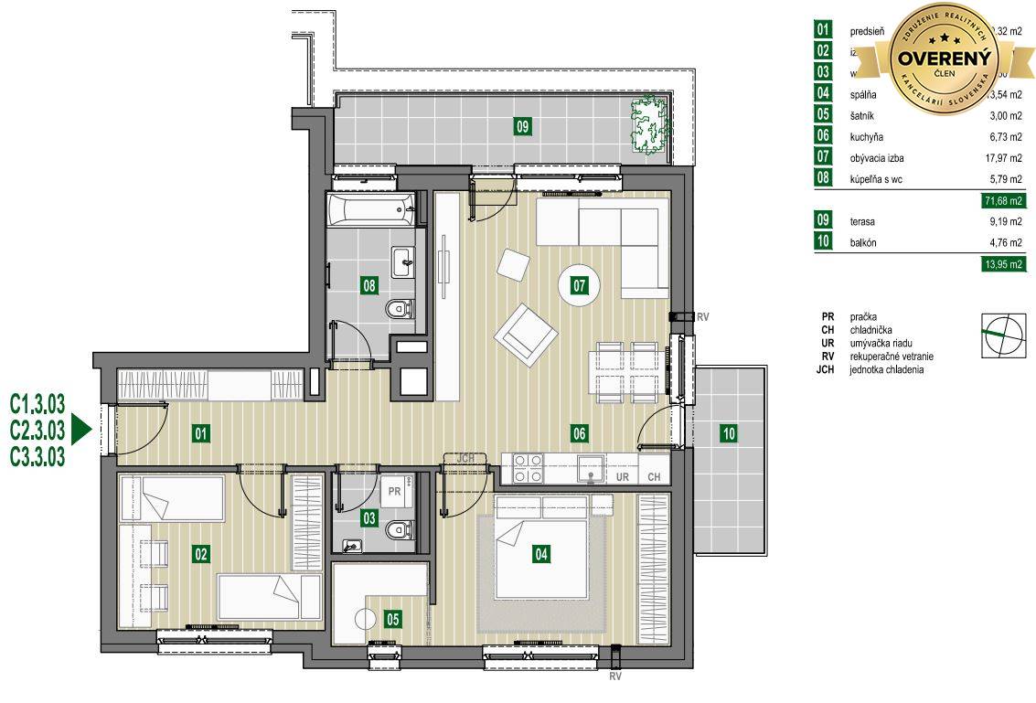 trojizbový byt - pôdorys - Zelené Nivy bytový dom C 