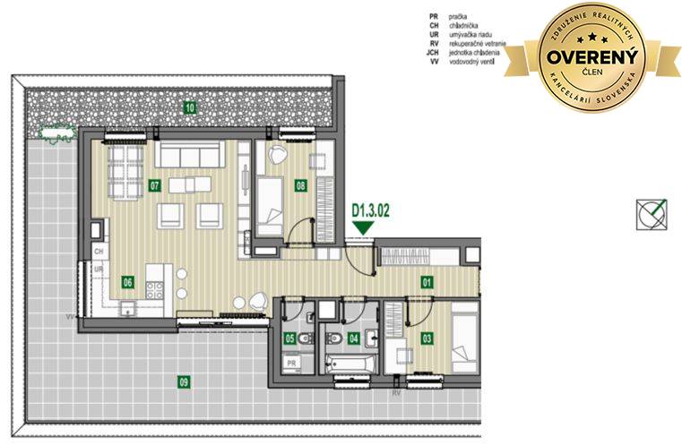 trojizbový byt - pôdorys - Zelené Nivy bytový dom D